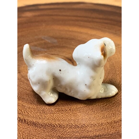 Vintage Miniature Porcelain Dog Figurine Handcrafted with Brown & White Glaze - Picture 3 of 8